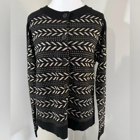 Pendleton Vintage Style Merino Wool Blend Cardigan Black Cream Geometric Medium - Picture 2 of 5